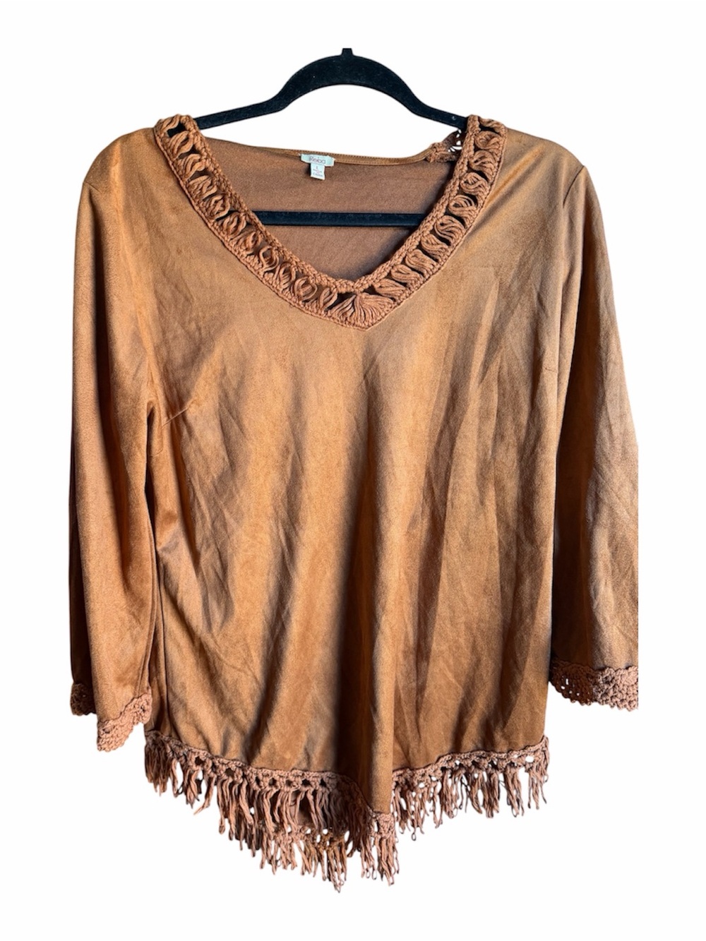 Reba Rust Fringe V-Neck Crochet Trim Tunic